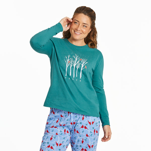 life is good Women's Peaceful Cardinal Forest Long Sleeve Snuggle Up Relaxed Sleep Tee