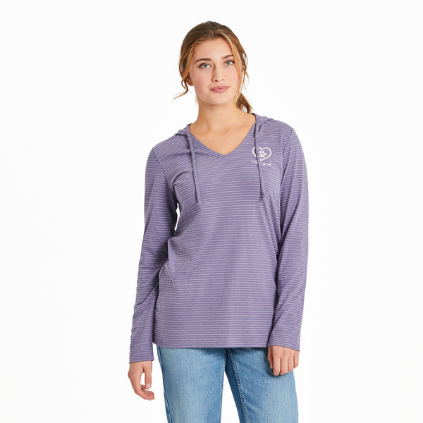 life is good Women's Pet Paw Heart Long Sleeve Striped Crusher-LITE Hooded Tee