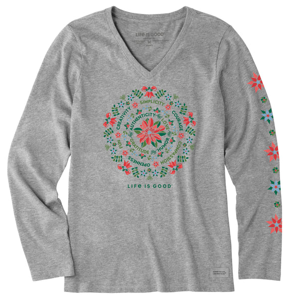 life is good Women's Poinsettia Mandala Long Sleeve Crusher Vee