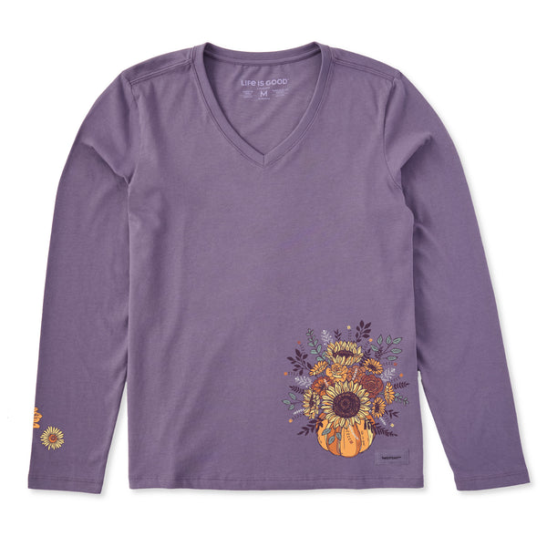life is good Women's Pumpkin Full of Sunflowers Long Sleeve Crusher Vee