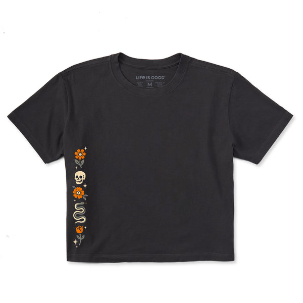 life is good Women's Skull u0026 Snake Flowers Short Sleeve Crusher Boxy Tee