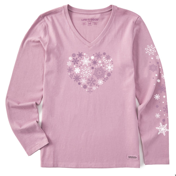 Life Is Good Women's Snowflake Heart Long Sleeve Crusher Vee