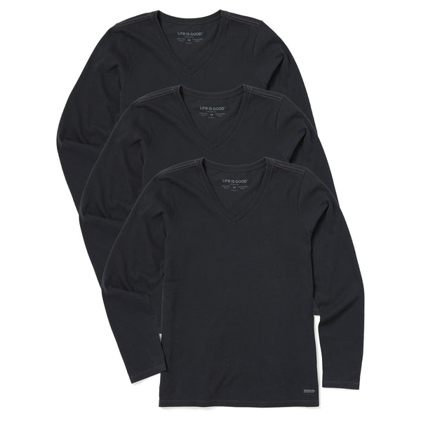 life is good Women's Solid 3-Pack Long Sleeve Crusher Vee Faded Black