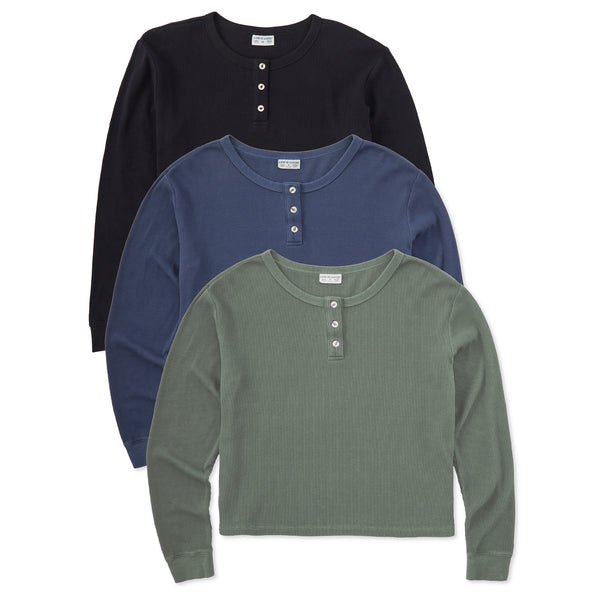 life is good Women's Solid 3-Pack Long Sleeve Thermal Henley - Multi