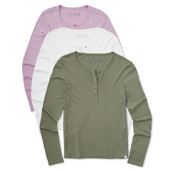 life is good Women's Solid 3-Pack Modal Ribbed Henley - Multi