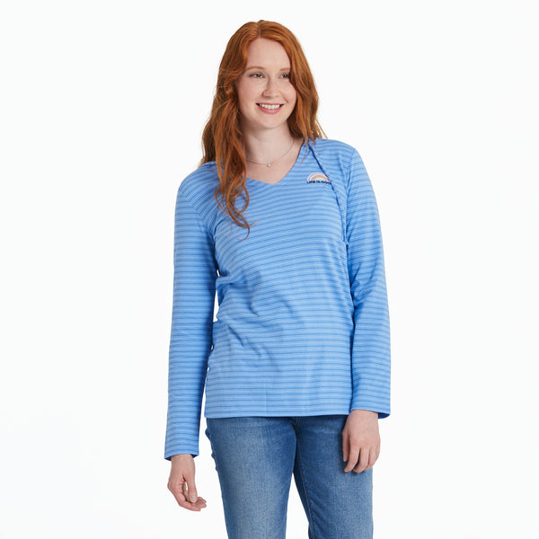 life is good Women's Sun Rainbow Long Sleeve Striped Crusher-LITE Hooded Tee