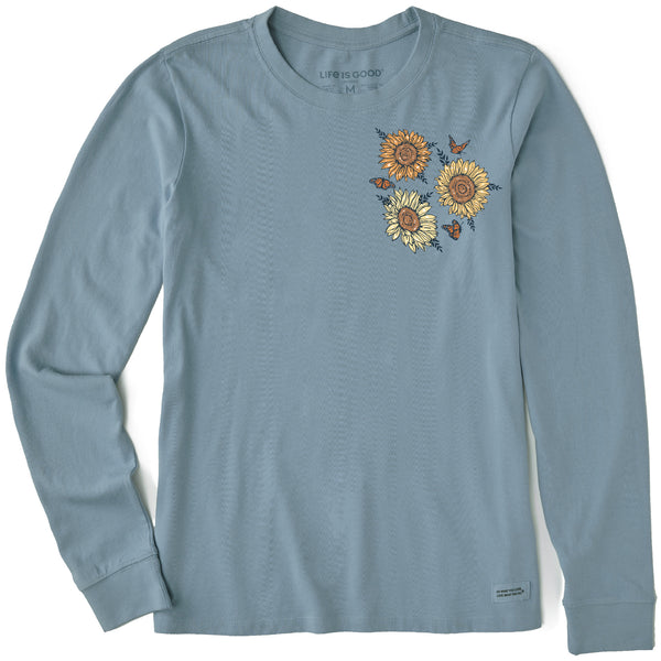 life is good Women's Sunflower Butterflies Long Sleeve Crusher Tee