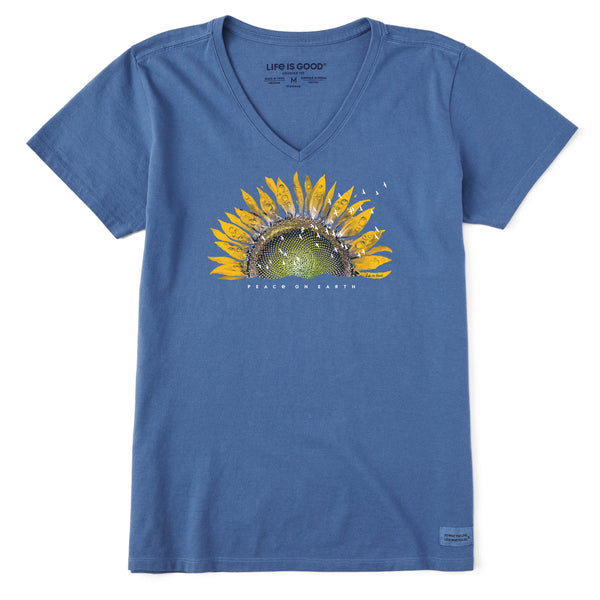 Life Is Good Women's Sunflower Dew Peace On Earth Short Sleeve Vee