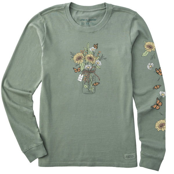 Life Is Good Women's Sunflower Monarch Jar Long Sleeve Crusher Tee