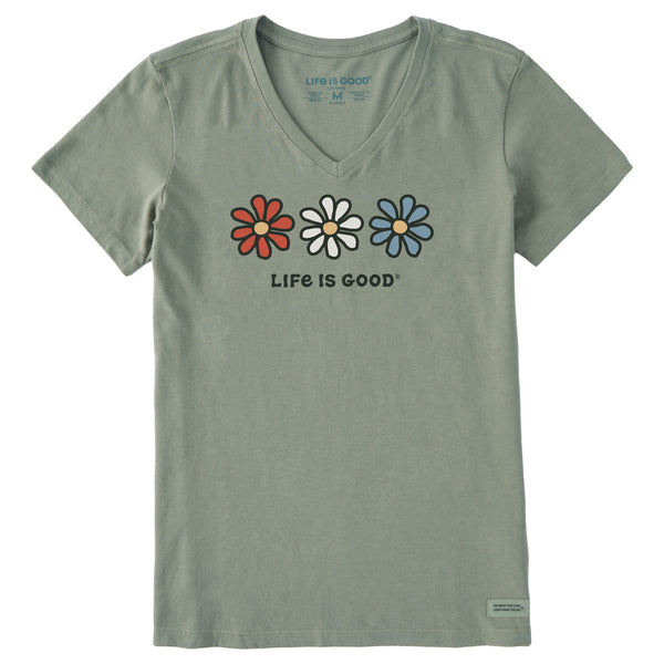 life is good Women's Three Colorful Daisies Short Sleeve Crusher Vee