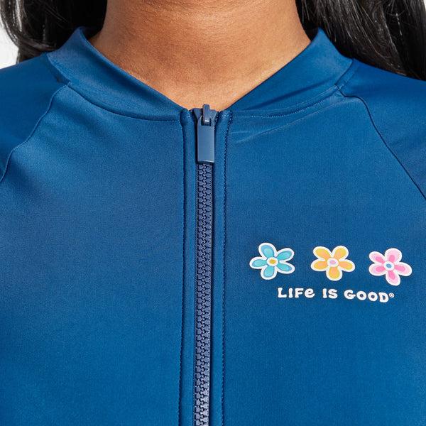 Life Is Good Women's Three Daisies Long Sleeve One Piece Rashguard Swimsuit