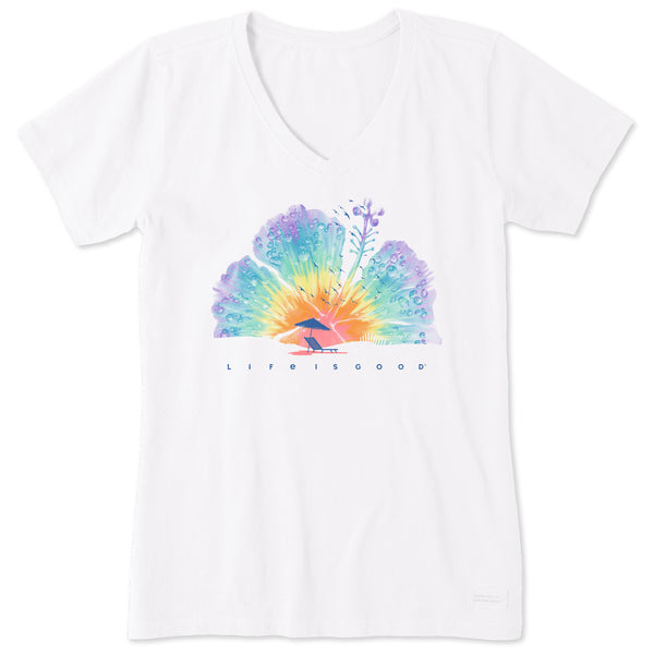 Life Is Good Women's Tie Dye Hibiscus Beach Short Sleeve Vee