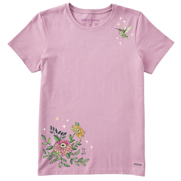 life is good Women's Watercolor Hummingbird Flowers Short Sleeve Crusher Tee