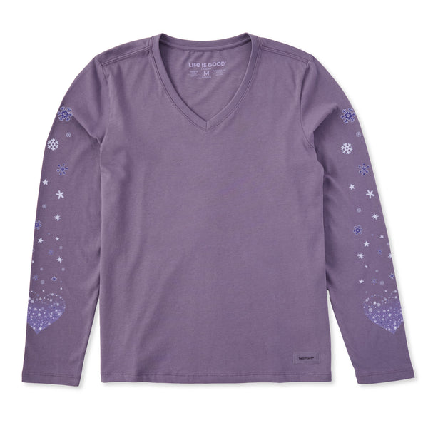 Life Is Good Women's Winter Heart Snowflakes Long Sleeve Crusher Vee