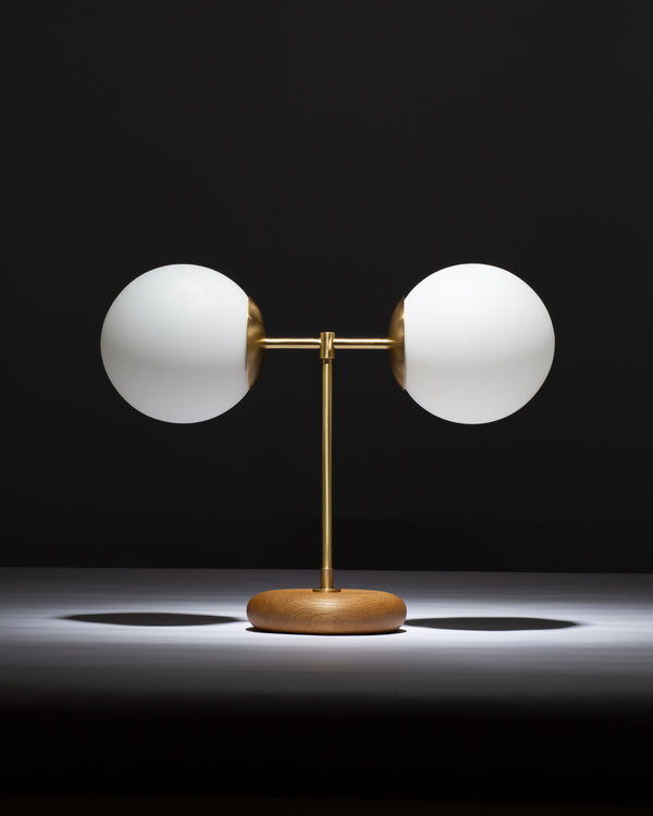 Lights Of London Double Globe Oak Pebble Table Light