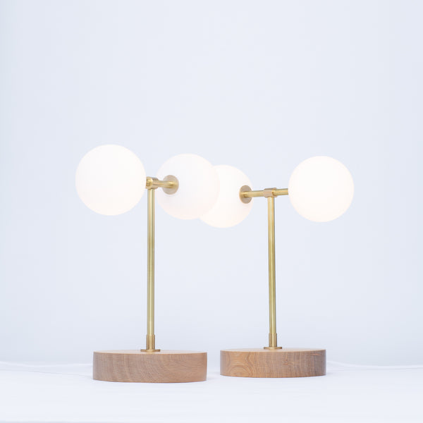 Lights Of London Double Opal Globe Hand Turned Quarter Sawn Oak Table Lamp