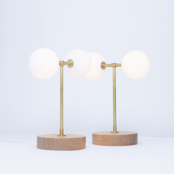 Lights Of London Double Opal Globe Hand Turned Quarter Sawn Oak Table Lamp