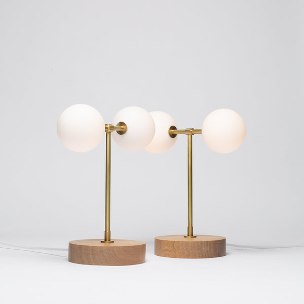 Lights Of London Double Opal Globe Hand Turned Quarter Sawn Oak Table Lamp