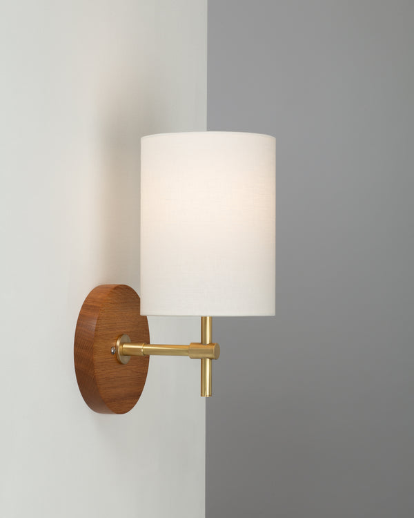Lights Of London Linen Shade Oak Disc Wall Light Sconce