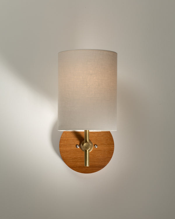 lights of london Linen Shade Oak Disc Wall Light Sconce