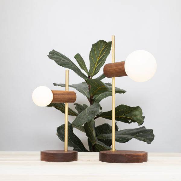 Lights Of London Stem Brass And Walnut Table Lamp With Sphere Dim To Warm Bulbs