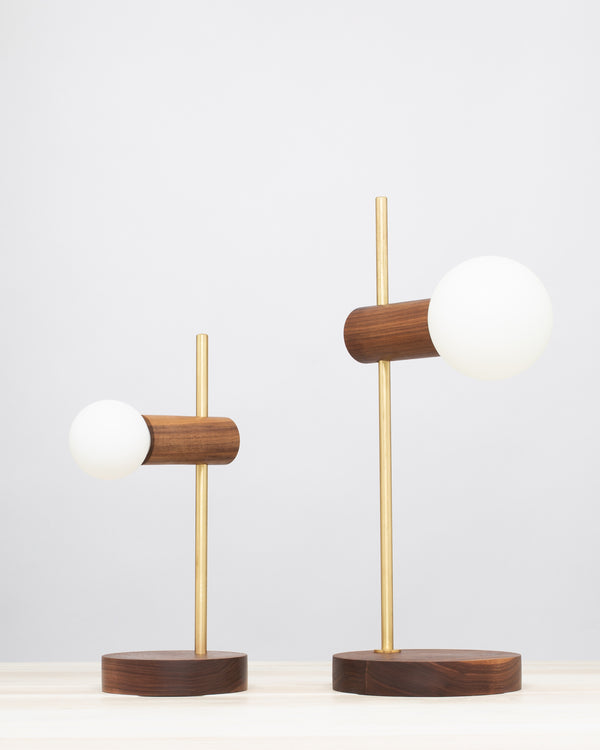 Lights Of London Stem Brass And Walnut Table Lamp With Sphere Dim To Warm Bulbs