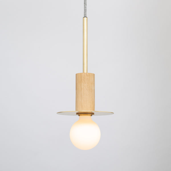 Lights Of London Stonewashed Brass Disc Oak & Porcelain Pendant