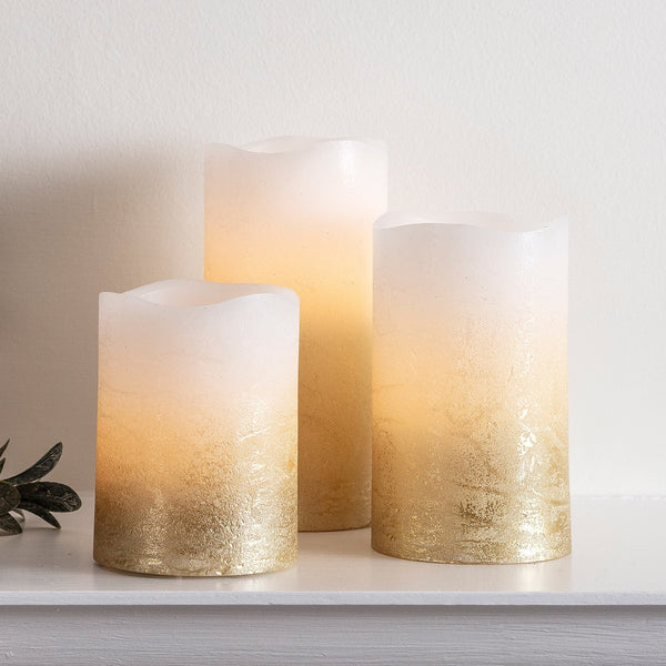 lights4fun 3 Metallic Gold Ombre Wax LED Pillar Candles