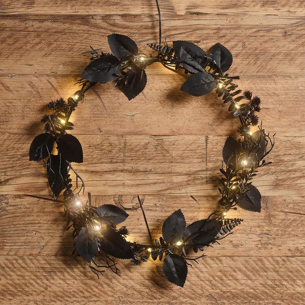 lights4fun 30cm Pre Lit Black Halloween Foliage Wreath