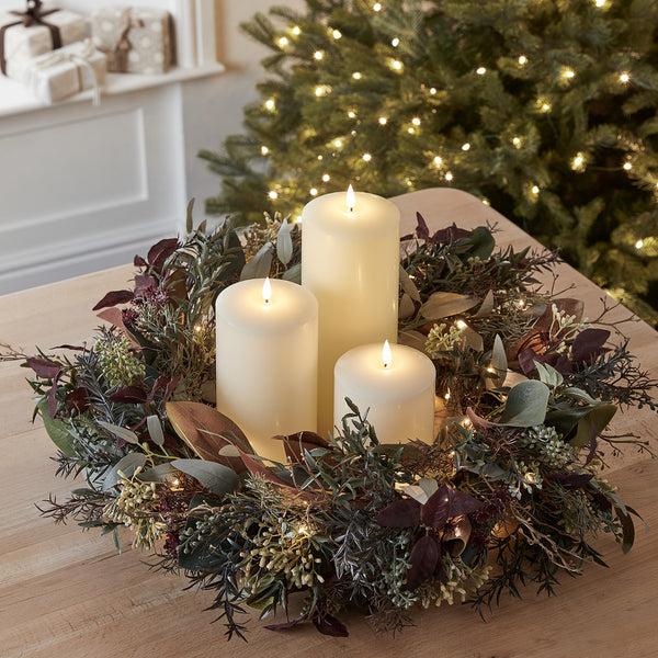 Lights4fun 60cm Pre Lit Autumn & Christmas Wreath & TruGlow® LED Candle Bundle