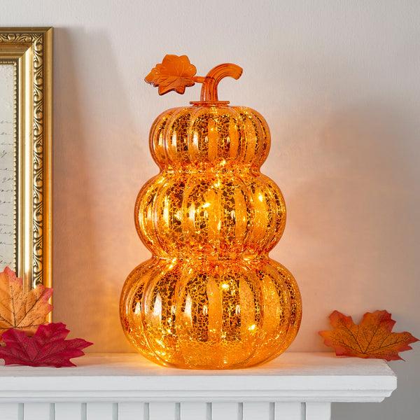 lights4fun Orange Mercury Glass Stacked Light Up Pumpkin Decoration