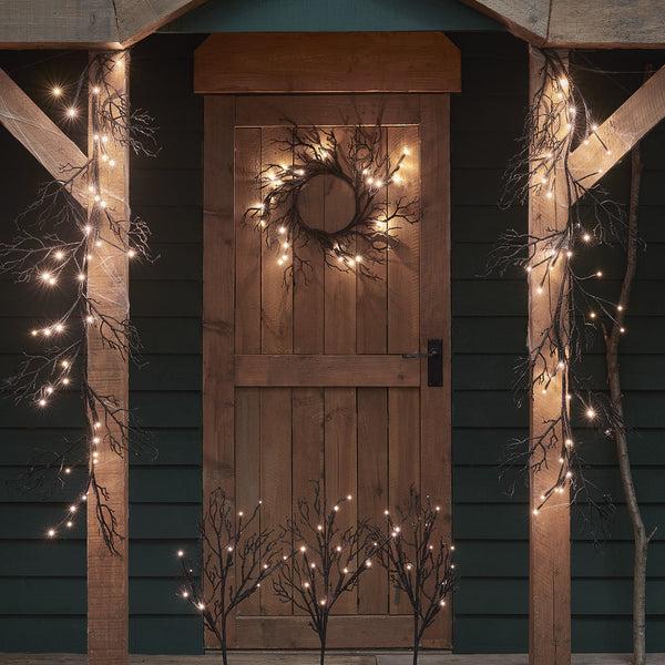 Lights4fun Pre Lit Black Glitter Halloween Wreath Garland & Stake Lights