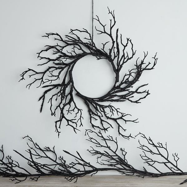 lights4fun Pre Lit Black Glitter Halloween Wreath & Garland