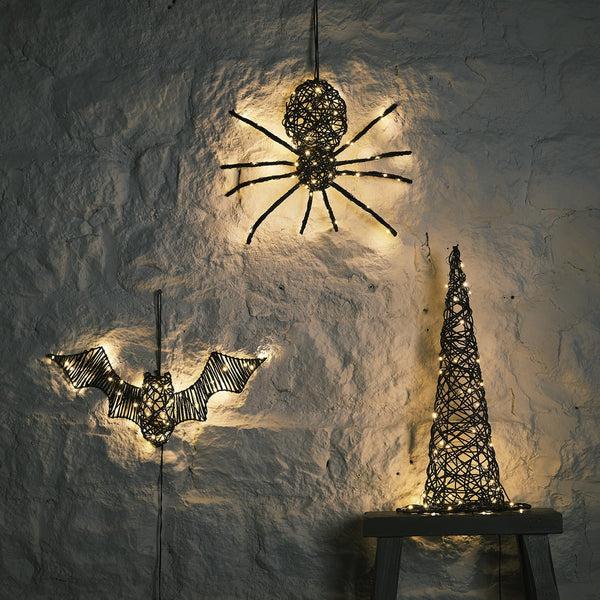 Lights4fun Rattan Spider Bat & Witches' Hat LED Halloween Figures Bundle