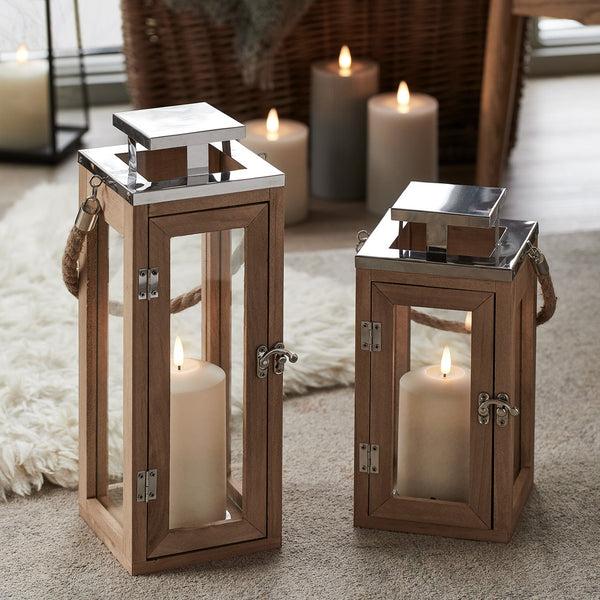 Lights4fun Salcombe Wooden Lantern Duo With TruGlow® Candles