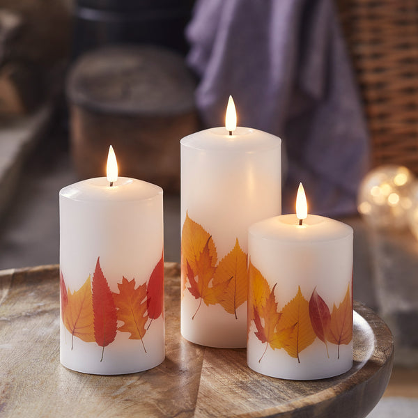 lights4fun TruGlow® Autumnal Leaf LED Pillar Candle Trio with Remote Control