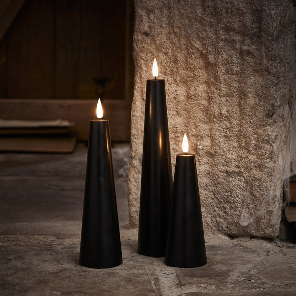 Lights4fun TruGlow® Black Cone LED Pillar Candle Trio