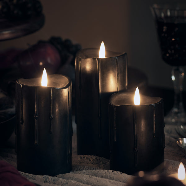 Lights4fun TruGlow® Black Dripping Wax LED Pillar Candle Trio