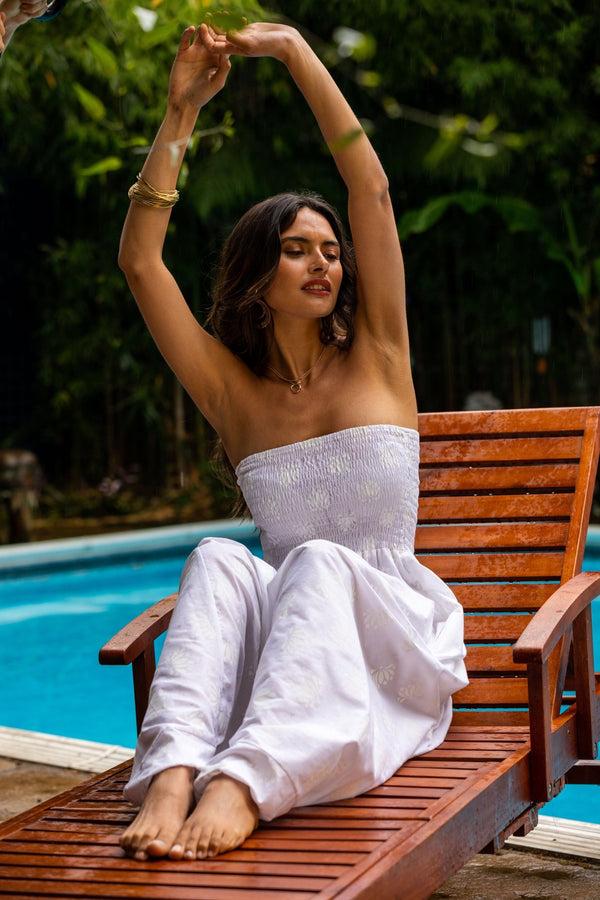 Likemary 2 In 1 Convertible Cotton Jumpsuit & Harem Pants In White Lotus Motif