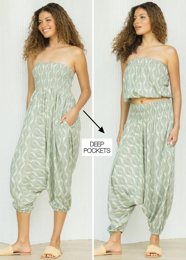 Likemary 2 In 1 Harem Trousers And Bandeau Jumpsuit Leaves Print