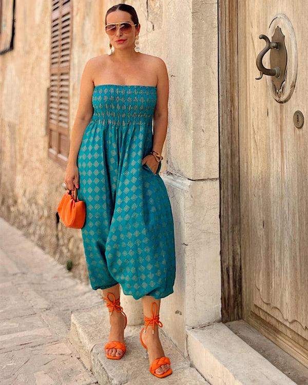 Likemary 2 In 1 Harem Trousers And Bandeau Jumpsuit Turquoise And Gold Applique