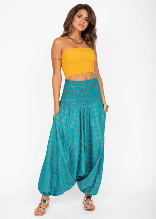 Likemary 2 In 1 Harem Trousers And Bandeau Jumpsuit Turquoise And Gold Applique