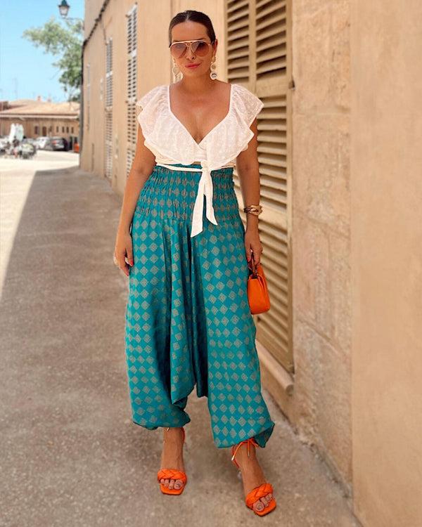 likemary 2 in 1 Harem Trousers and Bandeau Jumpsuit Turquoise and Gold Applique