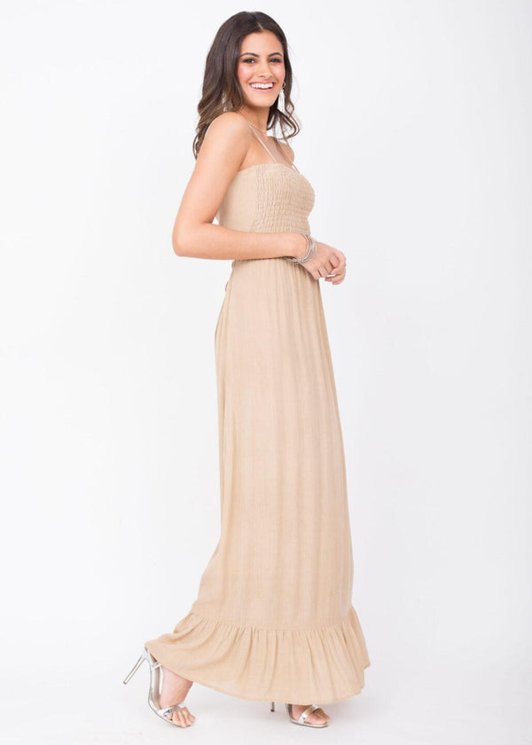 Likemary Bandeau Maxi Dress – Biscuit Beige With Adjustable Tie Back