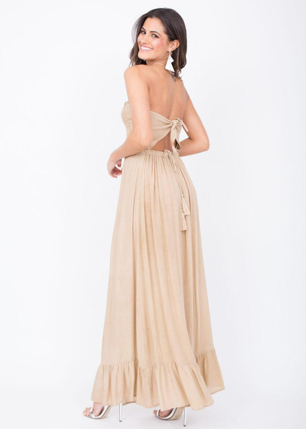Likemary Bandeau Maxi Dress – Biscuit Beige With Adjustable Tie Back