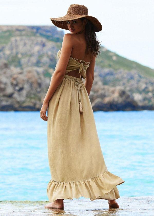 likemary Bandeau Maxi Dress – Biscuit Beige with Adjustable Tie Back