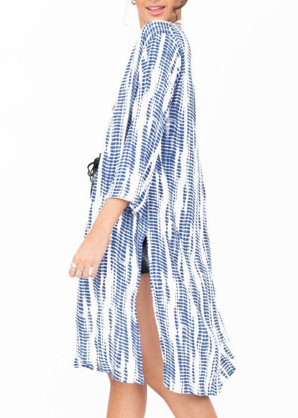 Likemary Beach Cover Up Crinkle Kimono In Tie Dye Blue