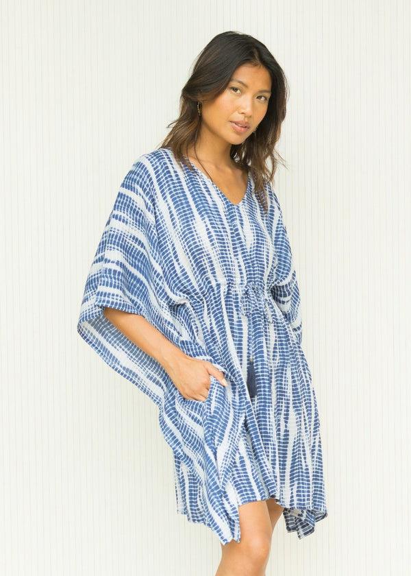 Likemary Beach Cover Up Kaftan With Pockets In Blue Tie Dye