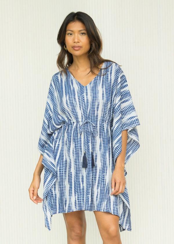 likemary Beach Cover Up Kaftan with Pockets in Blue Tie Dye