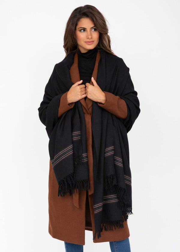 Likemary Black Merino Wool Blanket Scarf With Border – Oversized Shawl